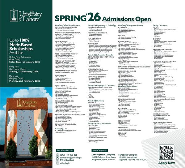 Admission notice for The University of Lahore